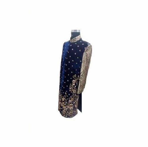 Embroidered Sherwani - Regular Fit, Blue with Breathable Dry Clean Feature, Suitable for Summer and Winter Party Wear