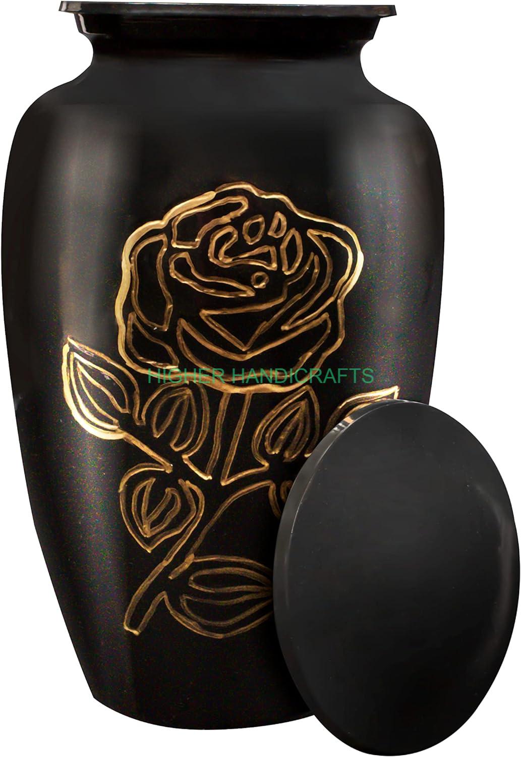 Rose Engraved Adult Cremation Urn For Ashes Large Size Black - Finishing: Gold