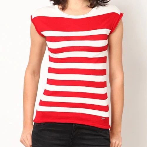 Half Sleeve Top - Premium Cotton Blend , Red And White Casual Design with Breathable Fabric, Lightweight Feel, Soft Texture, Round Neckline, Comfortable Fit for Summer