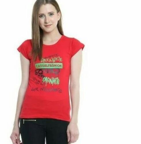 Ladies Printed T Shirt - Premium Soft Cotton Round Neck Slim Fit Breathable Fabric in Purple for Casual Wear