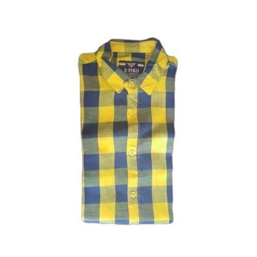 Mens Premium Cotton Blend Checked Shirt - M, XS Size | Yellow Color, Wrinkle-Resistant, Anti-UV, Breathable, Tailored Office Wear