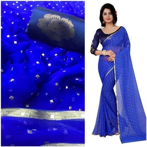 Nazmin Foil Star Saree - Georgette, Elegant Blue Color | Shimmering Sequins, Intricate Detailing, Soft Feel, Sheer Texture, Perfect for Spring and Summer Party Wear