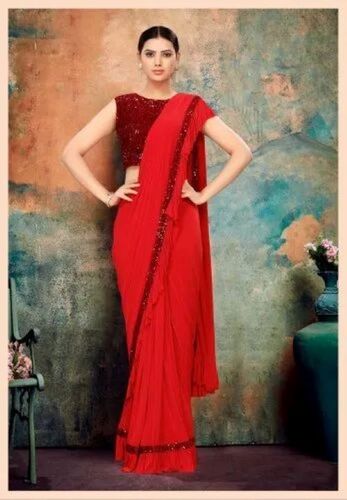 Ready To Wear Saree - Premium Cotton, Red Color | Shimmering Sequins, Elegant Drape, Sheer Texture, Intricate Detailing, Soft Feel