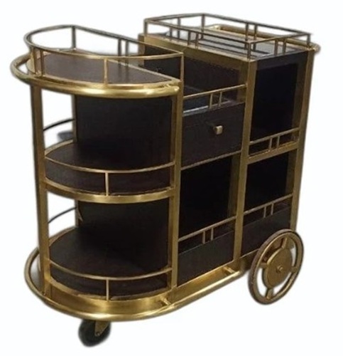 Bar Serving Trolley - Stainless Steel, 42x24x42 Inch , Golden Finish With Ice Serving Tray And 4 Wheels