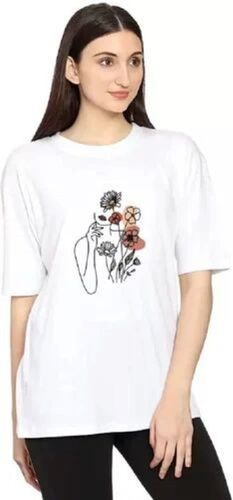 Flower Printed Women Round Neck White T-Shirt