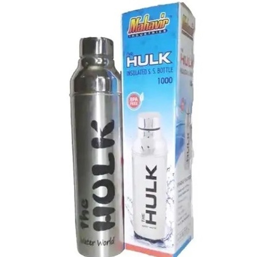 Hulk Insulated Bottle - Stainless Steel, 600-1000 ML Capacity, Silver Color, Round Shape - Screw-Type Cap, Available in Plain/Print Designs