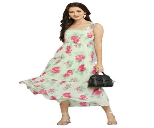 Ladies Stylish One Piece Dress - Georgette, Sizes S to XL, Light Green, Printed, Sleeveless | Breathable, Quick Dry, Washable, No Fade, Perfect for Casual Summer Wear