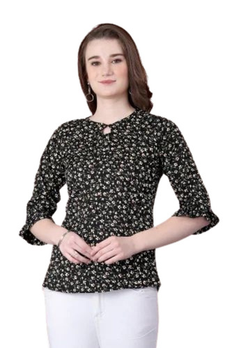 Printed Women Top - Crepe Fabric Customized Size Black Color | Lightweight Breathable Floral Print Design for Summer Wear