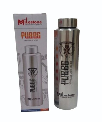 Pubbg Steel Bottle - 1000ml Capacity Stainless Steel Material Silver Color Round Cap Available in Plain/Printed Design