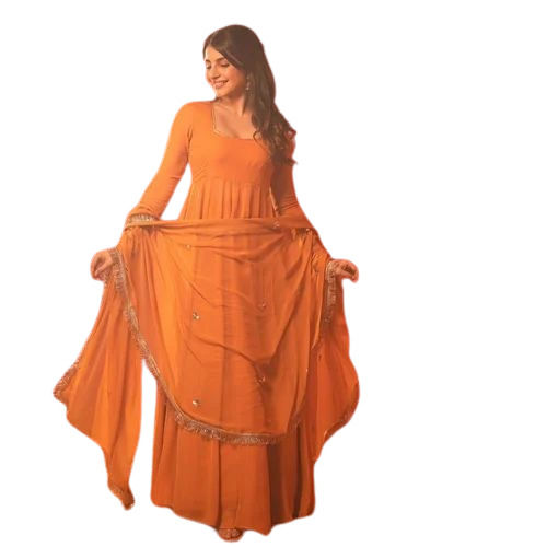 Anarkali Gown - Light Weight Breathable Cotton Blend | 100% Purity, Washable, Plain Orange Design, Custom Waist Size, 3/4th Sleeve, Available Sizes S-XL