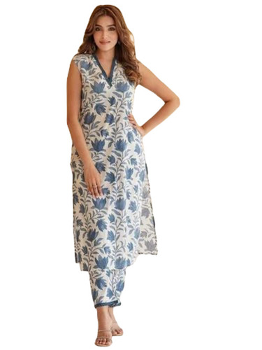 Blue Sleeveless Cotton Kurti