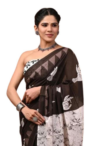 Ladies Cotton Mulmul Sarees - Color: White & Black