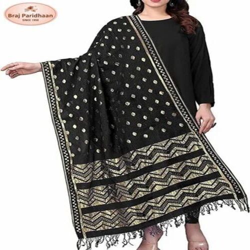 Chanderi Printed Dupatta - Premium Quality 2 Meter Length Black Weaved Design | Casual Wear All Season Handwashable Cotton
