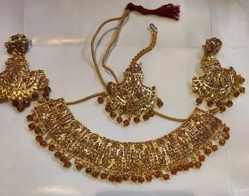 Imitation Artificial Necklace Set - Gold-Plated Finish, 5 Inch Size | Intricate Craftsmanship, Vibrant Colors, Lightweight Feel, Matching Earrings, Adjustable Length