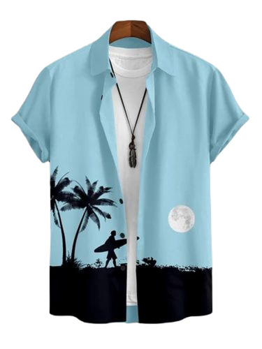 Men Printed Shirt - Light Weight Lycra & Other Material Regular Fit Blue & Black Color Breathable Short Sleeves Button Down Collar Summer Casual Attire for Adults
