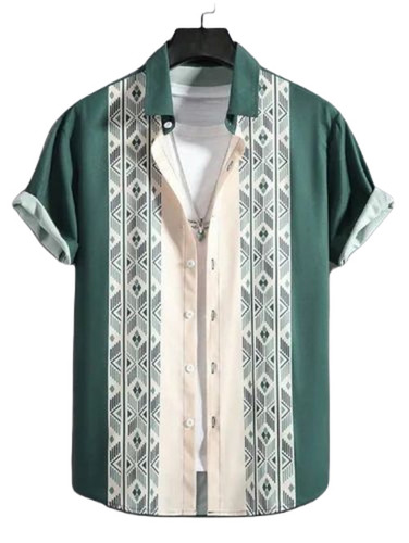 Party Wear Shirt - Lycra Fabric Size L/XL Green Color | Lightweight Breathable Regular Fit Short Sleeves Printed Design