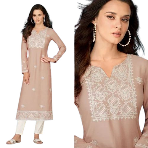 Peach Embroidered Rayon Kurti