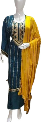 Crepe Silk Suit - Color: Blue & Yellow