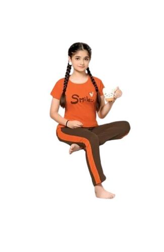 Kids Girls Half Sleeves Plain Night Suits - Cotton Size XS S M L | Orange and Brown Printed Soft Fabric Relaxed Fit Breathable Material Elastic Waistband