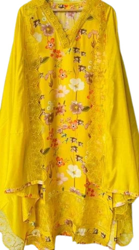 Ladies Fancy Suit - Muslin Unstitched Fabric, Yellow Printed Design | Lightweight, Breathable, 100% Washable Quality
