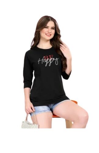 Plain Full Sleeve T Shirts - Soft Cotton Fabric, Black Color, Slim Fit, Lightweight, Crew Neck, Short Sleeves, Size XS & S, Printed Pattern for Girls