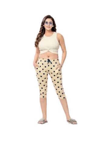 Women Printed Capri - Cotton Blend, Above-Knee Length, Cream and Black Dotted Pattern | Anti-Wrinkle, Breathable, Comfortable Waistband, Easy Care