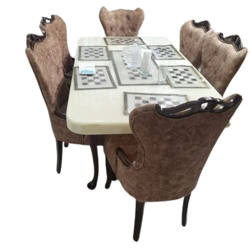 Premium Marble Top Rectangular Dining Table Set - 6 Seater Brown and White Wooden Chairs