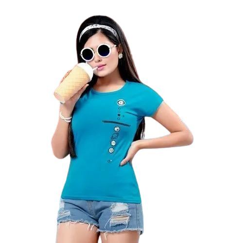 Ladies Premium Quality Soft Cotton Crew Neck T-Shirt - Size XS to XXXL Breathable Stretchable Material Short Sleeves Solid Blue Color