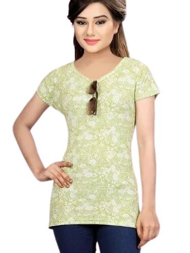 Ladies Cotton Casual Top - Soft Cotton Fabric, Crew Neck, Short Sleeves, Slim Fit, Solid Yellow And White, Breathable, Stretchable, Machine Washable
