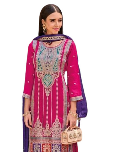 Ladies Designer Kurti With Pant - 100% Silk, Available in L, S, XL Sizes | Pink, Breathable, Embroidered, 3-4th Sleeve, A-Line Style