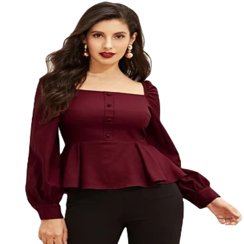 Ladies Maroon Peplum Top - Polyester Fabric, Size M | Fancy Plain Pattern for Casual Summer Wear
