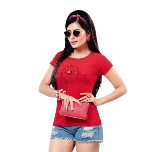 Ladies Red Cotton Top - Cotton Fabric, XS to XXXL Size Range, Solid Red Color | Soft Breathable Material, Crew Neck, Short Sleeve, Slim Fit