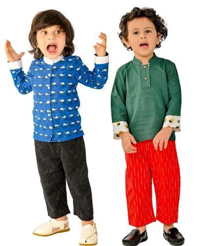 Baby Boy Full Sleeves Birthday Cotton Shirt Pant Set 1-2 Years Age - Color: Blue:Black & Green:Red