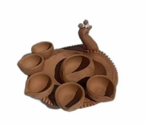 Brown Clay Diya Set - 7 Piece Peacock Design, Round Shape , Handmade for Diwali Festivals , Brown Color with Plain Pattern