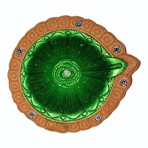Clay Decorative Diwali Diya - Clay Material, 2 Inch Diameter, Round Shape, Brown and Green Color - Printed Design for Festive Celebrations