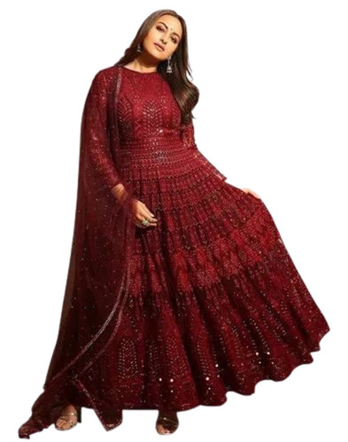 Heavy Designer Gown - Embroidered Santoon, Full Sleeve, Round Neck, Red Party Wear | Washable, Customized Size, All Season Fashion