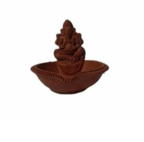 Diwali Clay Ganesh Diya - 5 Inch Diameter, Brown Color | Handmade Clay, Ideal for Festival Worship, Simple Plain Design