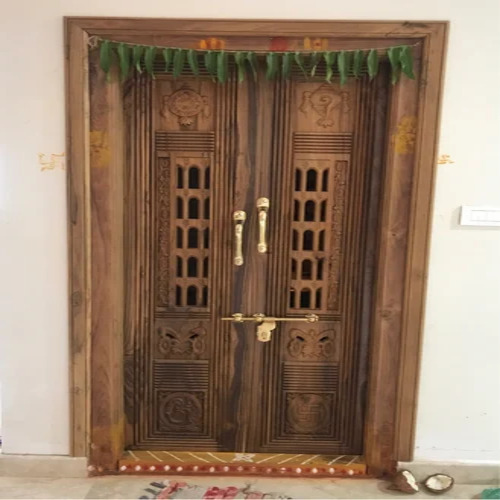 Pooja Door - Teak Wood, 7-8 Feet Height, Polished Brown Finish | Premium Quality, Optimum for Home Use