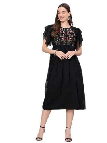 Black Ladies Designer Dress - Georgette, Sizes S-XXXL, Color: Black, Features: Embroidered, Short Sleeves, Anti-Wrinkle, Breathable, Machine Washable