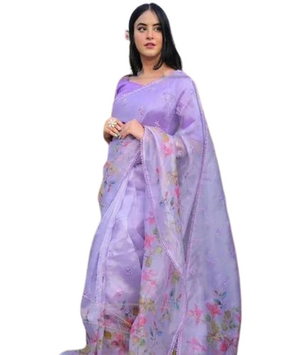 Designer Orgenza Saree - Silk Fabric 5.5 m Length Yellow Color | Wedding Wear Printed Pattern Includes Blouse Piece