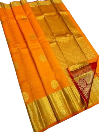 Handloom Pure Silk Saree - 6.3 M Length With Blouse Piece | Light Weight, Breathable, 100% Pure, Perfect For Bridal Occasions, Golden Color, Printed Design