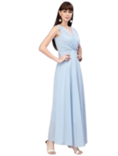 Ladies Designer Dress Customized - Georgette Fabric Short Sleeves Sky Blue Plain Pattern | Anti-Wrinkle Breathable Handwash - Party Wear