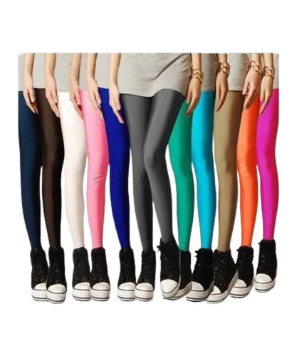 Ladies Satin Leggings - Free Size, Multicolor Options in Grey, Blue, Pink, Orange, Green, Black, and Brown | Anti Wrinkle, Breathable, Machine Washable