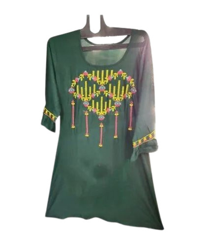Ladies Round Neck Rayon Kurti - Size XL, Green Color, 3/4th Sleeve, Embroidered Pattern | Anti-Wrinkle, Breathable, Quick Dry, Machine Washable