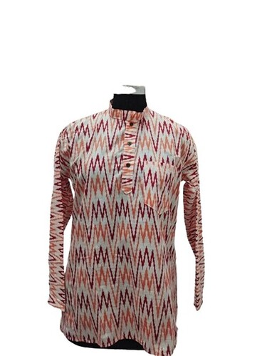 Mens Printed Cotton Short Kurta - Large Size Orange Color Long Sleeves | Traditional Festive Wear Breathable and Dry Clean Only