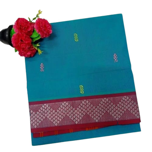 Summer Cotton Sarees - 6.3 m Length, 100% Cotton Silk, Light Weight & Breathable | Very Good Quality, Printed Blue Design, Dry Clean Only