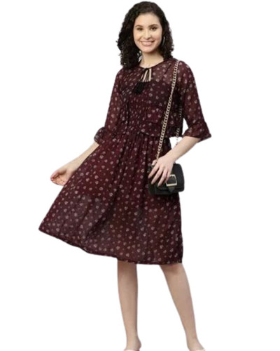 Georgette Frock - Free Size Multicolor Floral Print | Anti-Wrinkle Breathable Quick-Dry Washable Three-Fourth Sleeves
