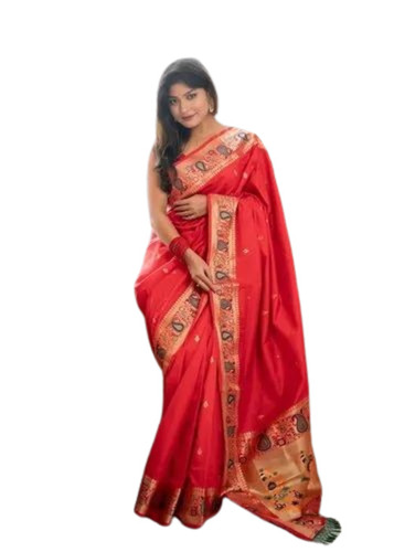 Designer Banarasi Silk Saree - 5.5 M Length with Blouse Piece Red Color for Weddings - Elegant Printed Pattern