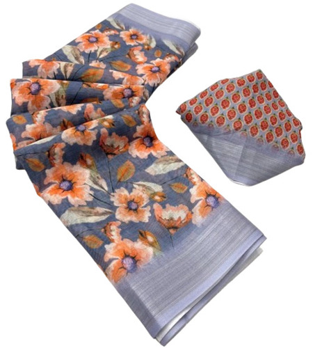 Digital Printed Cotton Saree - 6.3 m Length Grey Color | Light Weight Breathable Very Good Quality Washable Party Wear