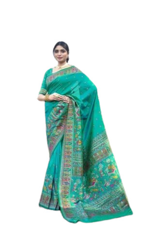 Hand Work Saree - 6.3m Length with Blouse, 100% Cotton Light Weight and Breathable Green Printed Design for Party Wear